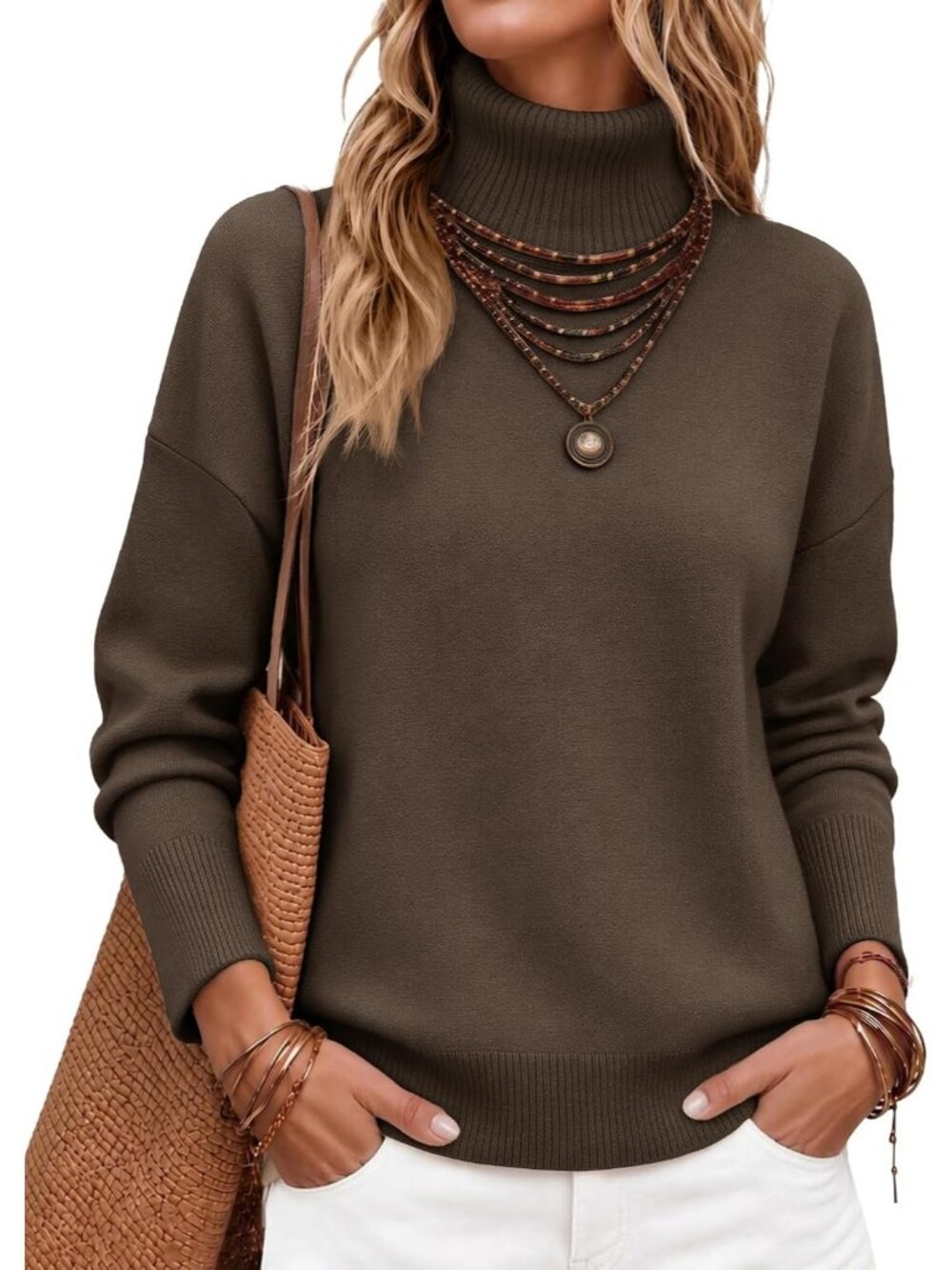 Women's Coffee High Low Hem Trendy Basic Jumper Top Casual Turtleneck Sweater